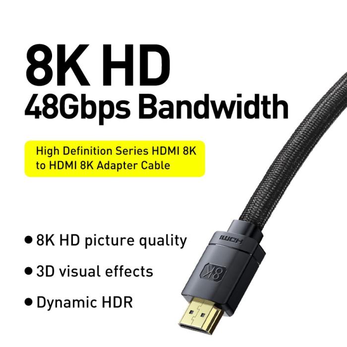 Bild 2, BASEUS Baseus 3m 8K 60Hz HD HDMI - HDMI 2.1 Nylon Kabel Svart - Teknikhallen.se