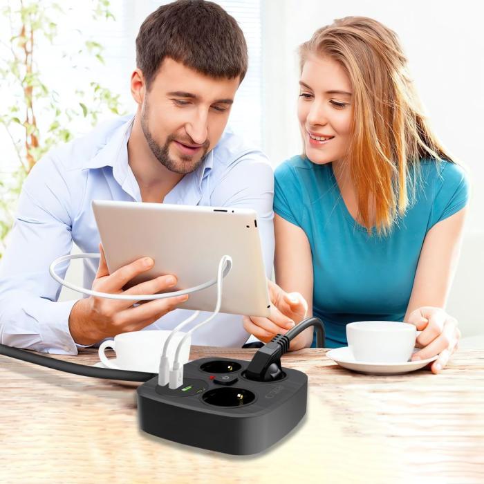 Bild 6, Tech-Protect Tech-Protect 2m Förgreningsdosa Med USB-C/USB-A Svart - Teknikhallen.se