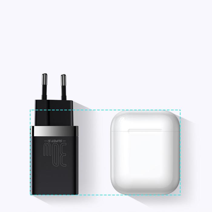 Bild 5, BASEUS Baseus 30W Super Pro USB-C / USB-A PD QC Väggladdare Svart - Teknikhallen.se
