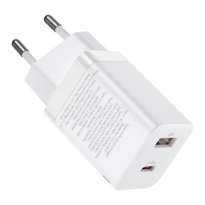 Bild 2, BASEUS Baseus 30W Super Pro USB-C / USB-A PD QC Väggladdare Vit - Teknikhallen.se