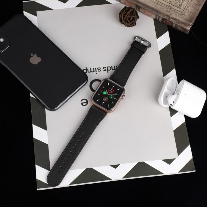Bild 5,  Äkta Läder Armband Apple Watch 42/41/40/38 mm - Svart - Teknikhallen.se
