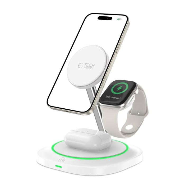 Bild 2, Tech-Protect Tech-Protect 15W Qi 3in1 Magnetisk MagSafe Laddare Vit - Teknikhallen.se