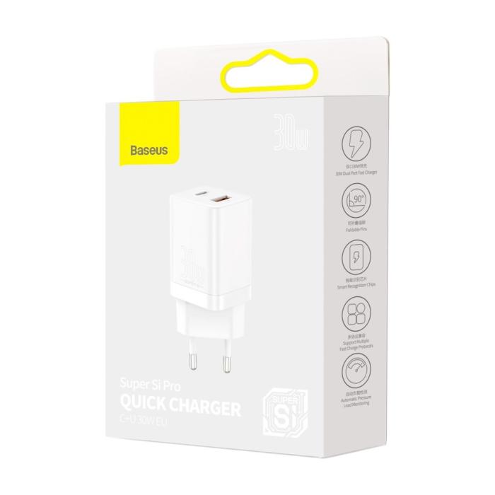 Bild 6, BASEUS Baseus 30W Super Pro USB-C / USB-A PD QC Väggladdare Vit - Teknikhallen.se