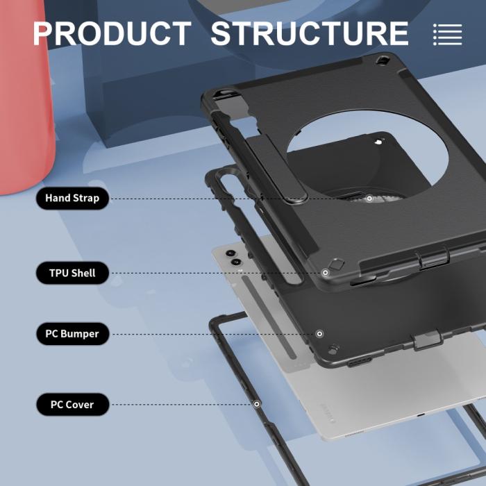 Bild 3,  Samsung Galaxy Tab S9 Ultra Skal 360 Rotation Shockproof Med Rem - Teknikhallen.se