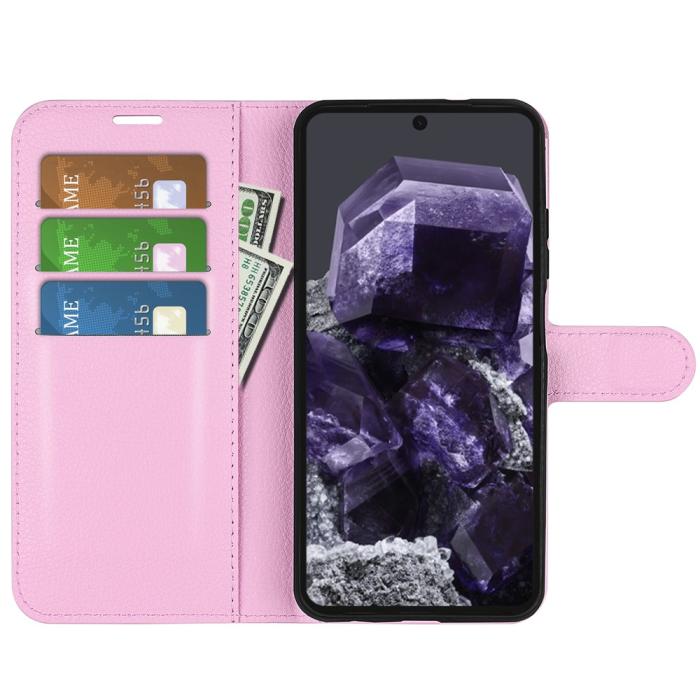 Bild 2,  Google Pixel 8A Litchi Läder Fodral Ljus Rosa - Teknikhallen.se