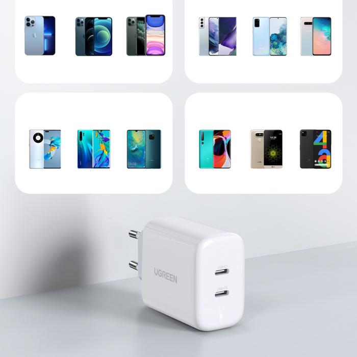 Bild 3, UGREEN Ugreen 40W 2x USB-C PD Snabbladdare Väggladdare Vit - Teknikhallen.se