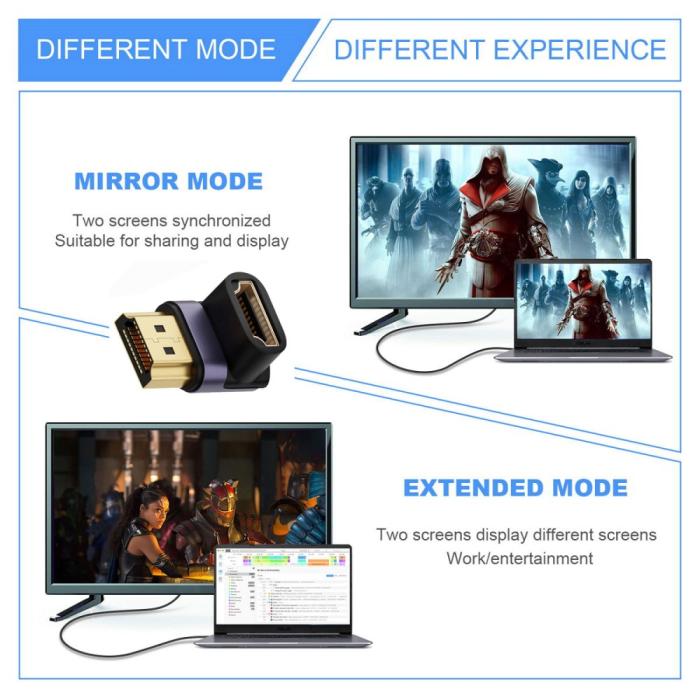 Bild 3,  8K 60Hz 90° Nedvinkel HDMI Hane - HDMI 2.1 Hona Adapter Blå - Teknikhallen.se