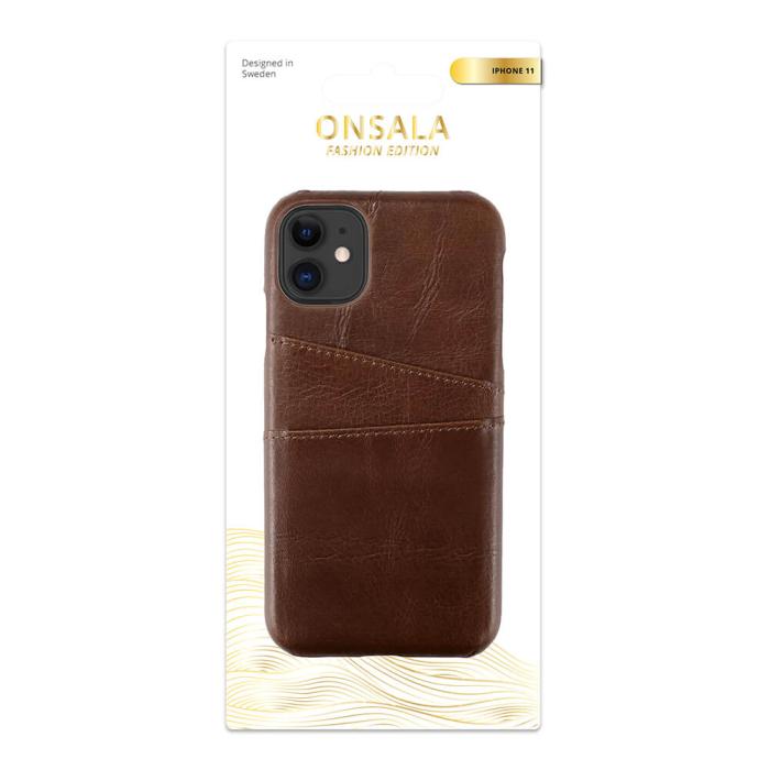 Bild 2, Onsala ONSALA iPhone 11 Skal Äkta Läder Kortfack Brun - Teknikhallen.se