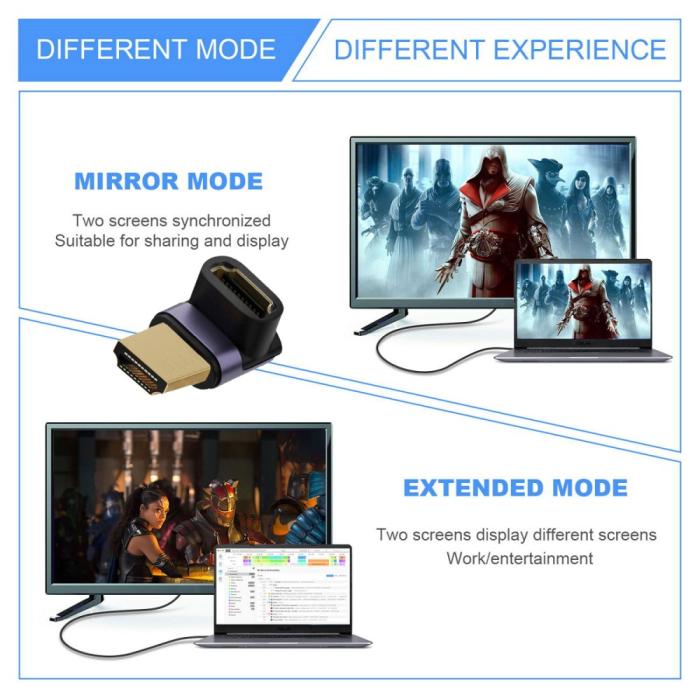 Bild 3,  8K 60Hz 90° Uppvinkel HDMI Hane - HDMI 2.1 Hona Adapter Blå - Teknikhallen.se