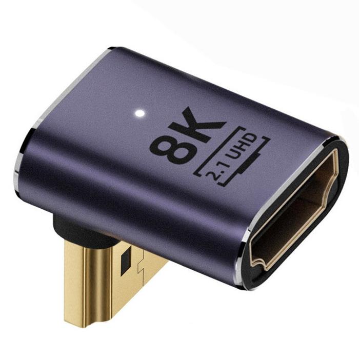 Bild 2,  8K 60Hz 90° Nedvinkel HDMI Hane - HDMI 2.1 Hona Adapter Blå - Teknikhallen.se