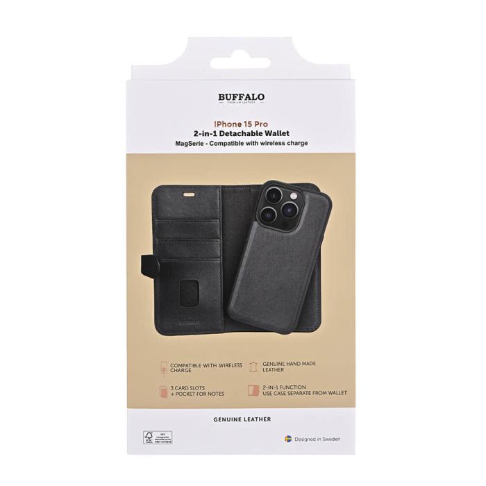 Bild 2, Buffalo Buffalo iPhone 15 Pro Fodral 2in1 Äkta Läder Svart - Teknikhallen.se