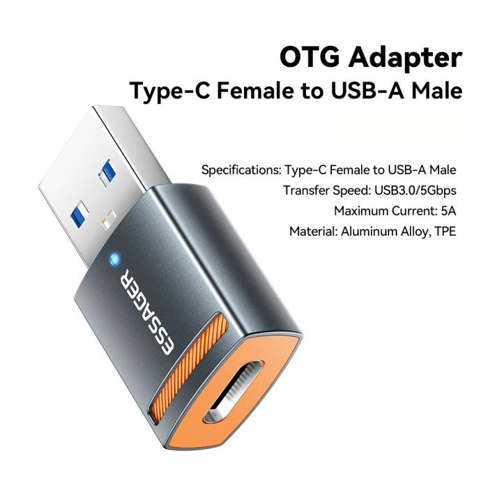 Bild 2, ESSAGER ESSAGER USB-A 3.0 Till USB-C Adapter Grå - Teknikhallen.se