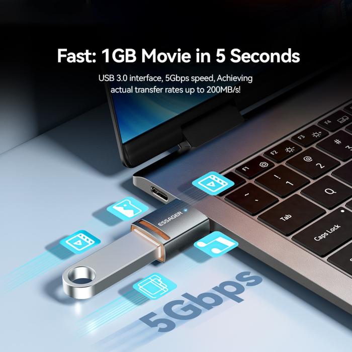 Bild 4, ESSAGER ESSAGER USB-A 3.0 Till USB-C Adapter Grå - Teknikhallen.se