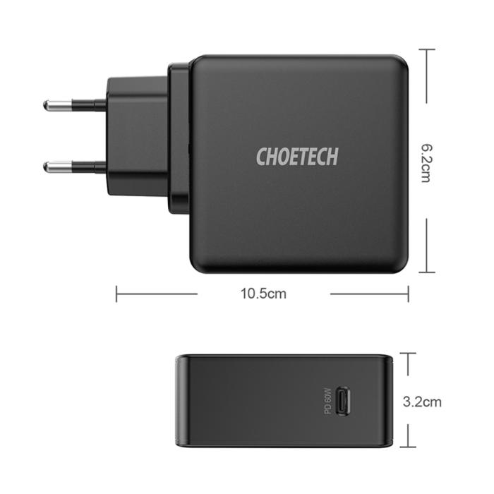 Bild 5, Choetech Choetech 60W USB-C PD Väggladdare Snabbladdning Svart - Teknikhallen.se