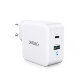 Choetech Choetech 65W GaN USB-C / USB-A PD QC Väggladdare Vit - Teknikhallen.se