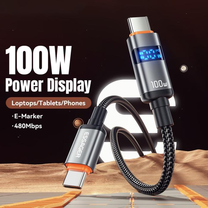 Bild 2, ESSAGER ESSAGER 1 m 100W 5A PD USB-C - USB-C Laddningskabel Svart - Teknikhallen.se