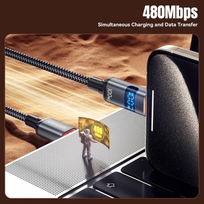 Bild 5, ESSAGER ESSAGER 1 m 100W 5A PD USB-C - USB-C Laddningskabel Svart - Teknikhallen.se