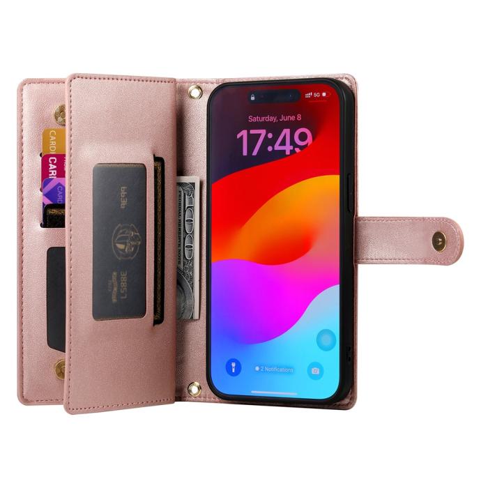 Bild 2,  iPhone 17 Pro Max Fodral Multifunktionell Läder Roséguld - Teknikhallen.se