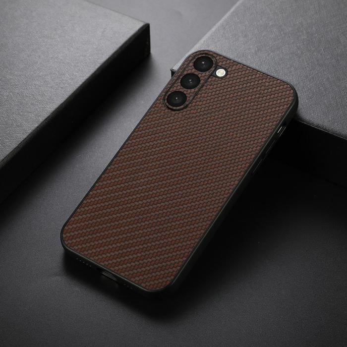 Bild 3,  Samsung Galaxy S23 Skal Läderbelagt Kolfiber Textur Brun - Teknikhallen.se