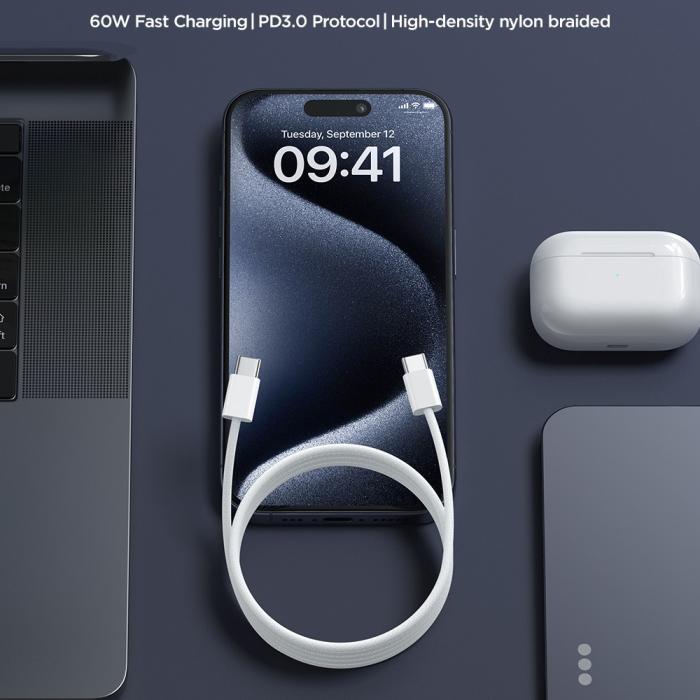 Bild 2, JOYROOM Joyroom 1m 60W USB-C / USB-C Nylonkabel Vit - Teknikhallen.se