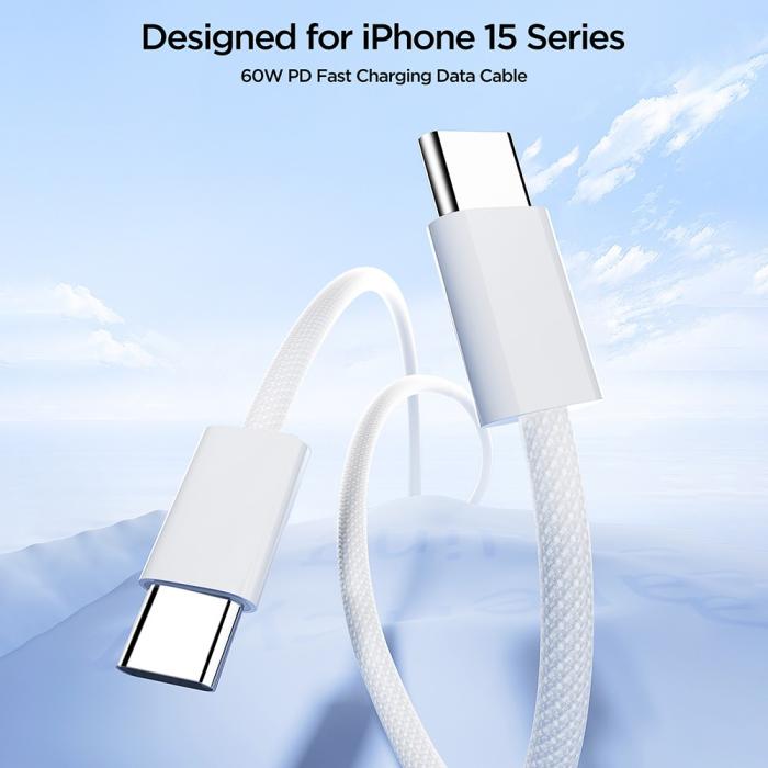 Bild 3, JOYROOM Joyroom 1m 60W USB-C / USB-C Nylonkabel Vit - Teknikhallen.se
