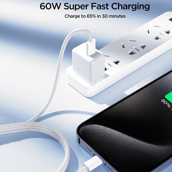 Bild 5, JOYROOM Joyroom 1m 60W USB-C / USB-C Nylonkabel Vit - Teknikhallen.se
