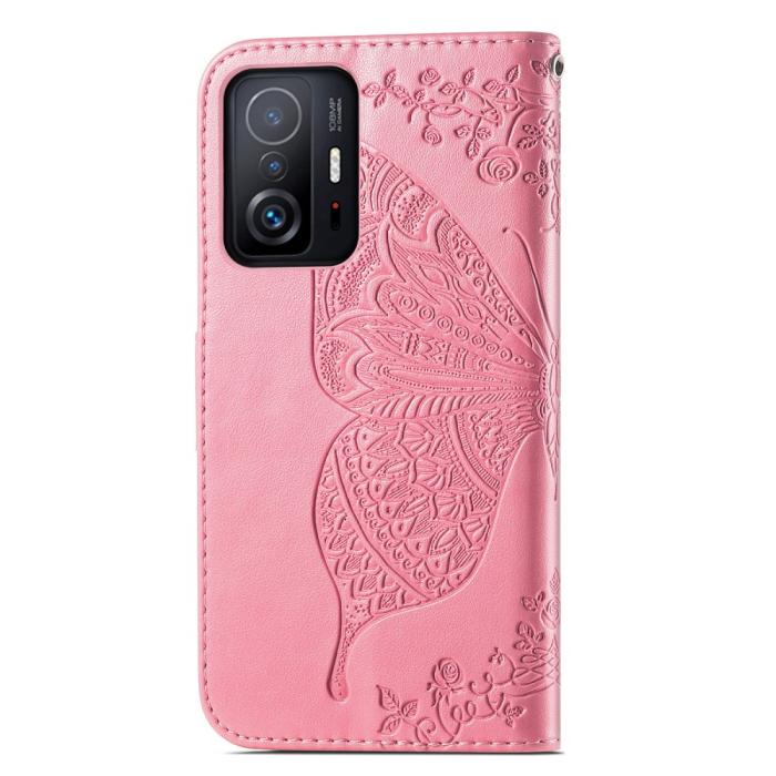 Bild 3,  Xiaomi 11T / 11T Pro Fodral Läder Butterfly Rosa - Teknikhallen.se