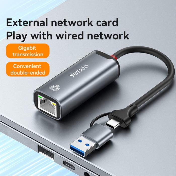 Bild 2, YESIDO YESIDO 2in1 USB-C/USB-A till RJ45 Adapter Grå - Teknikhallen.se