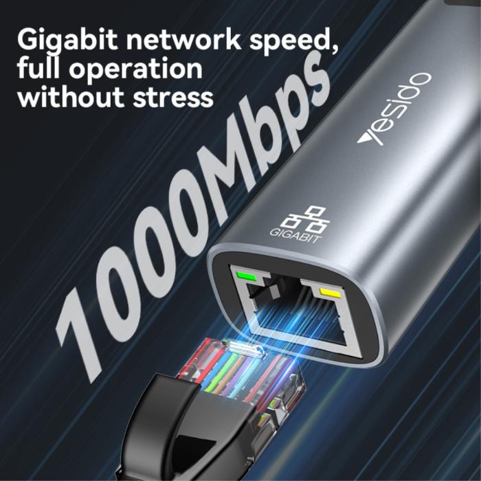 Bild 3, YESIDO YESIDO 2in1 USB-C/USB-A till RJ45 Adapter Grå - Teknikhallen.se