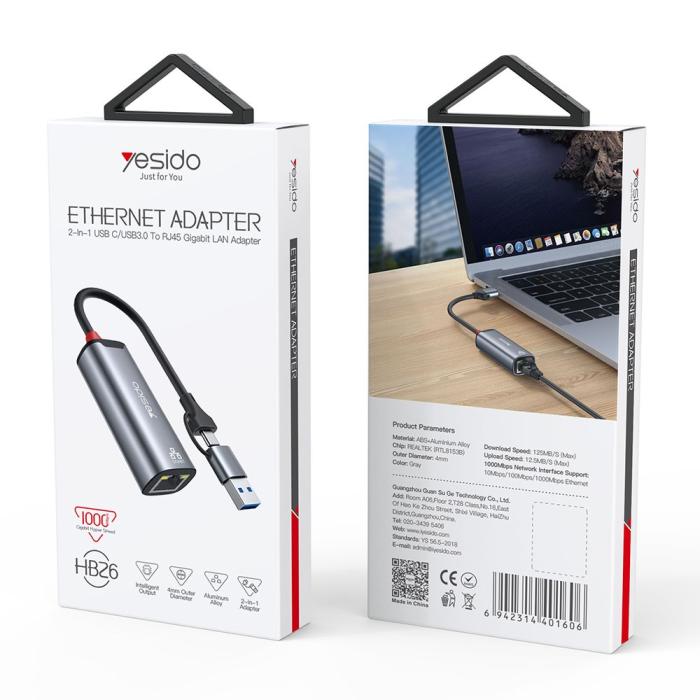 Bild 6, YESIDO YESIDO 2in1 USB-C/USB-A till RJ45 Adapter Grå - Teknikhallen.se