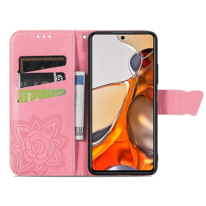 Bild 4,  Xiaomi 11T / 11T Pro Fodral Läder Butterfly Rosa - Teknikhallen.se
