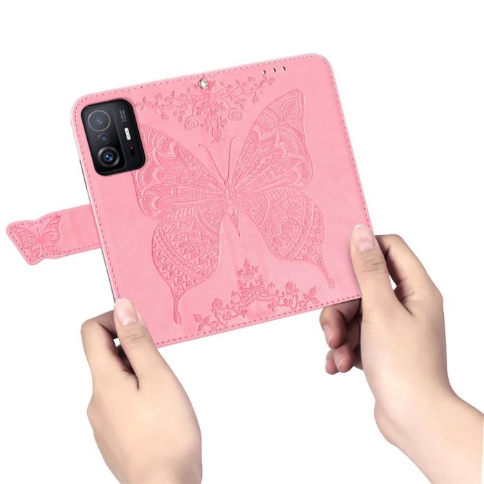 Bild 6,  Xiaomi 11T / 11T Pro Fodral Läder Butterfly Rosa - Teknikhallen.se
