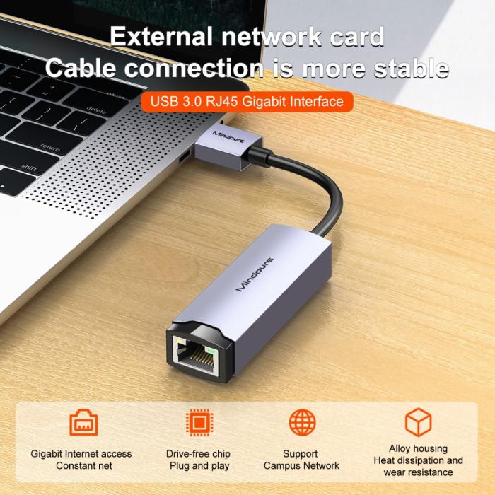 Bild 2, MINDPURE MINDPURE USB-A 3.0 - RJ45 Nätverksadapter Grå - Teknikhallen.se