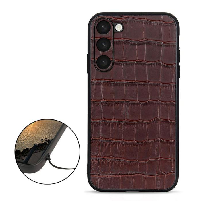 Bild 2,  Samsung Galaxy S23 Skal Äkta Läder Krokodil Textur Brun - Teknikhallen.se