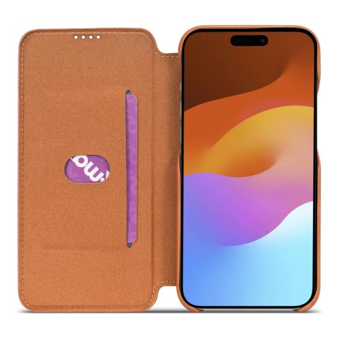 Bild 2, LC.IMEEKE LC.IMEEKE iPhone 15 Plus Fodral Slim Flip Ljus Brun - Teknikhallen.se
