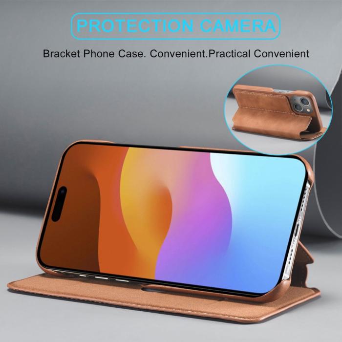 Bild 3, LC.IMEEKE LC.IMEEKE iPhone 15 Plus Fodral Slim Flip Ljus Brun - Teknikhallen.se