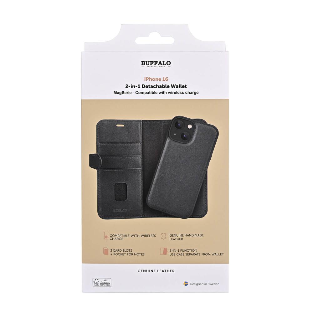 Buffalo Buffalo iPhone 16 Fodral MagSafe 2in1 Äkta Läder Svart - Teknikhallen.se