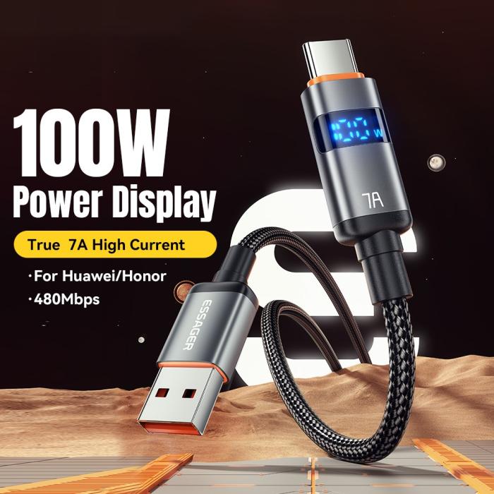 Bild 2, ESSAGER ESSAGER 1 m 100W 7A USB-C Laddningskabel Svart - Teknikhallen.se