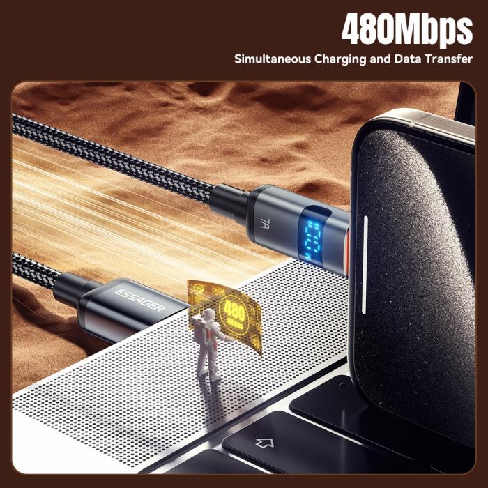 Bild 5, ESSAGER ESSAGER 1 m 100W 7A USB-C Laddningskabel Svart - Teknikhallen.se