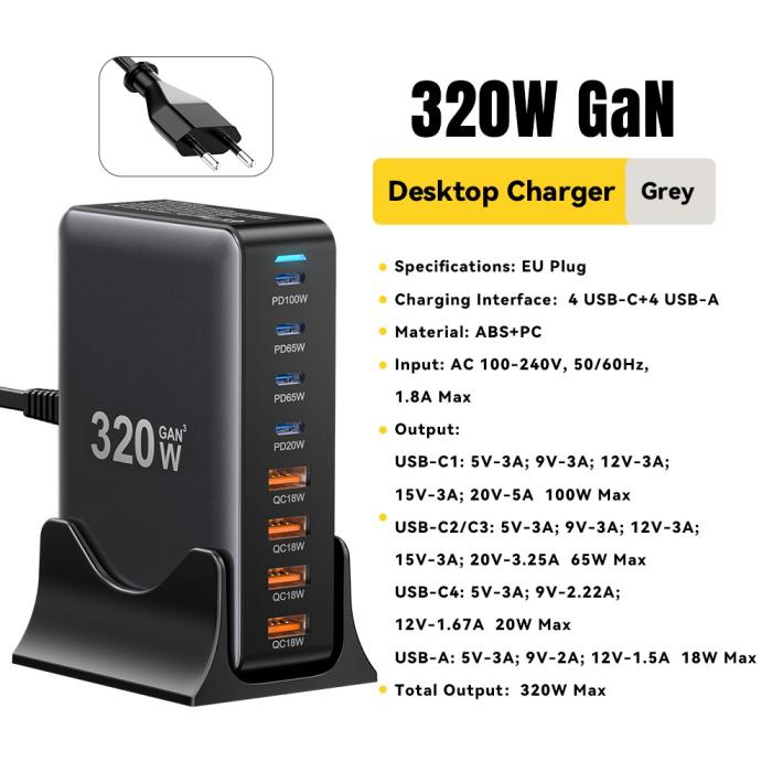 Bild 2, ESSAGER ESSAGER 320W Laddningsstation USB-C / USB-A Svart - Teknikhallen.se