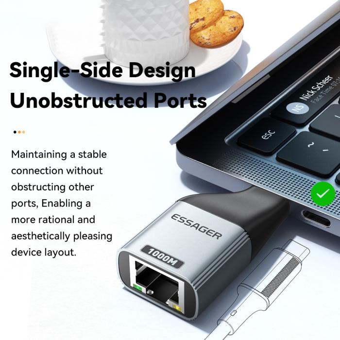 Bild 2, ESSAGER ESSAGER USB-C Hona Till RJ45 Adapter Grå - Teknikhallen.se