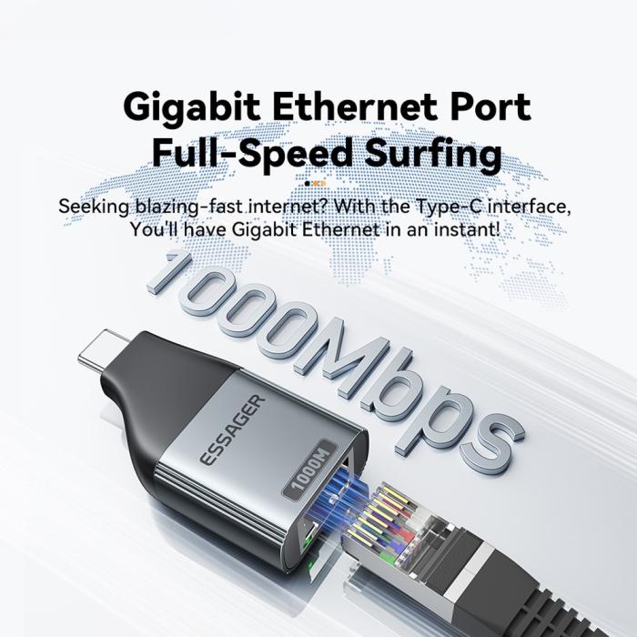 Bild 3, ESSAGER ESSAGER USB-C Hona Till RJ45 Adapter Grå - Teknikhallen.se