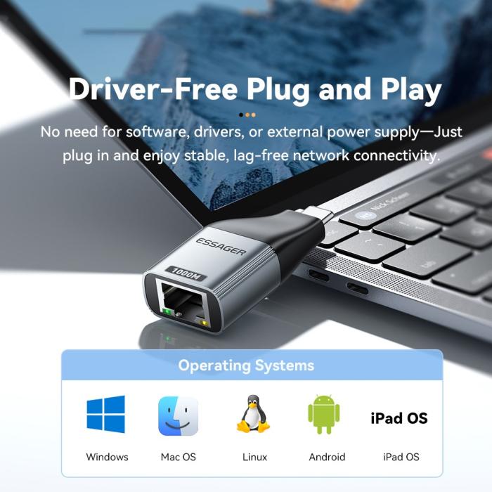 Bild 4, ESSAGER ESSAGER USB-C Hona Till RJ45 Adapter Grå - Teknikhallen.se