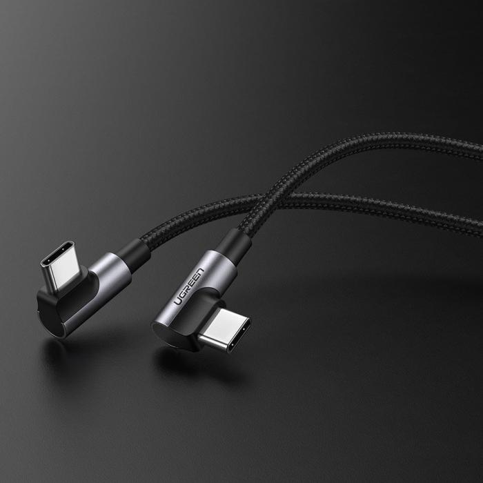 Bild 2, UGREEN Ugreen 1m 3A Elbow USB-C PD QC FPC Flätad Nylon Kabel Svart/Grå - Teknikhallen.se