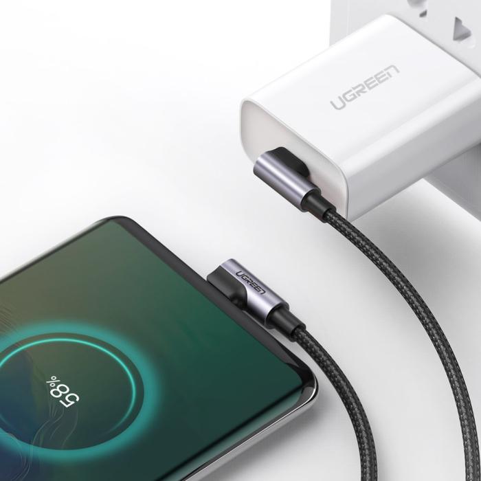 Bild 5, UGREEN Ugreen 1m 3A Elbow USB-C PD QC FPC Flätad Nylon Kabel Svart/Grå - Teknikhallen.se