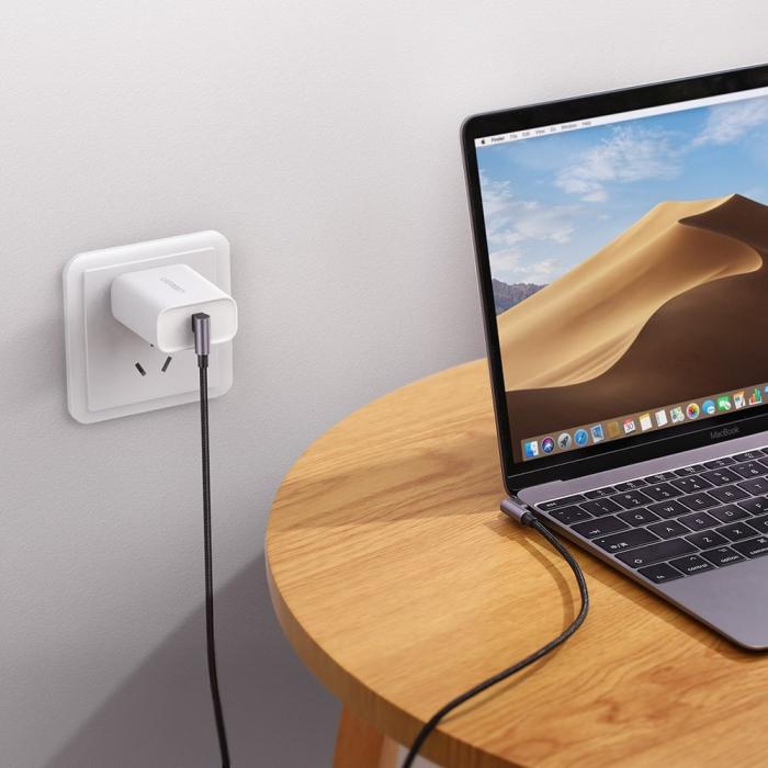 Bild 6, UGREEN Ugreen 1m 3A Elbow USB-C PD QC FPC Flätad Nylon Kabel Svart/Grå - Teknikhallen.se