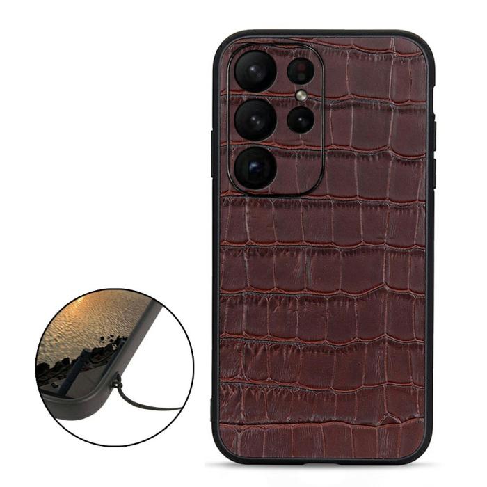 Bild 2,  Samsung Galaxy S23 Ultra Skal Äkta Läder Krokodil Textur Brun - Teknikhallen.se