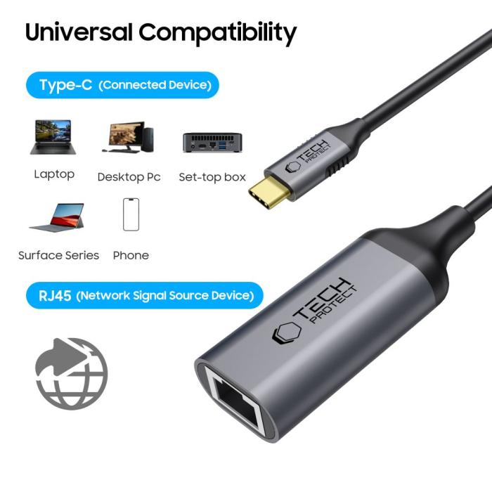 Bild 2, Tech-Protect Tech-Protect USB-C - RJ45 Ethernet Adapter Ultraboost Svart - Teknikhallen.se