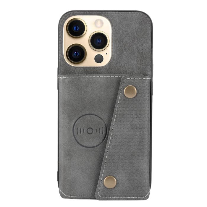 Bild 2,  iPhone 13 Pro Skal Läder Med Kortfack Och Magnet Grå - Teknikhallen.se