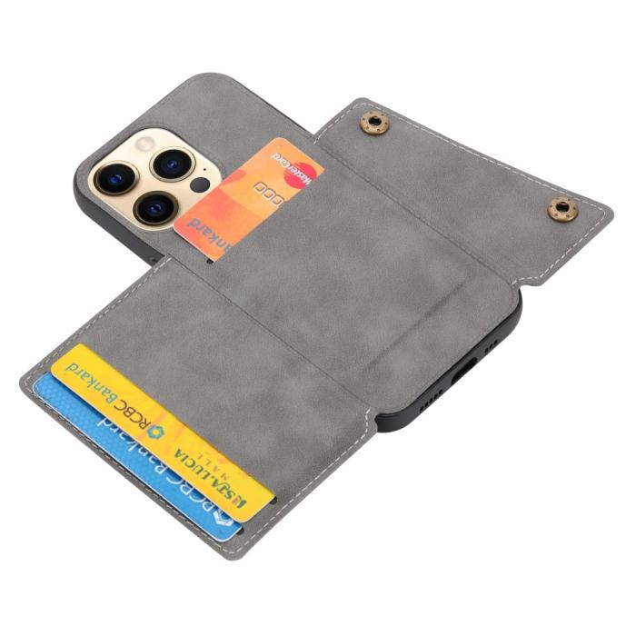 Bild 4,  iPhone 13 Pro Skal Läder Med Kortfack Och Magnet Grå - Teknikhallen.se